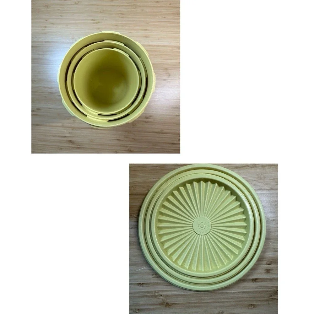 Vtg TUPPERWARE Harvest Gold Sunburst Servalier Canister Nesting 3 MCM Retro 70s